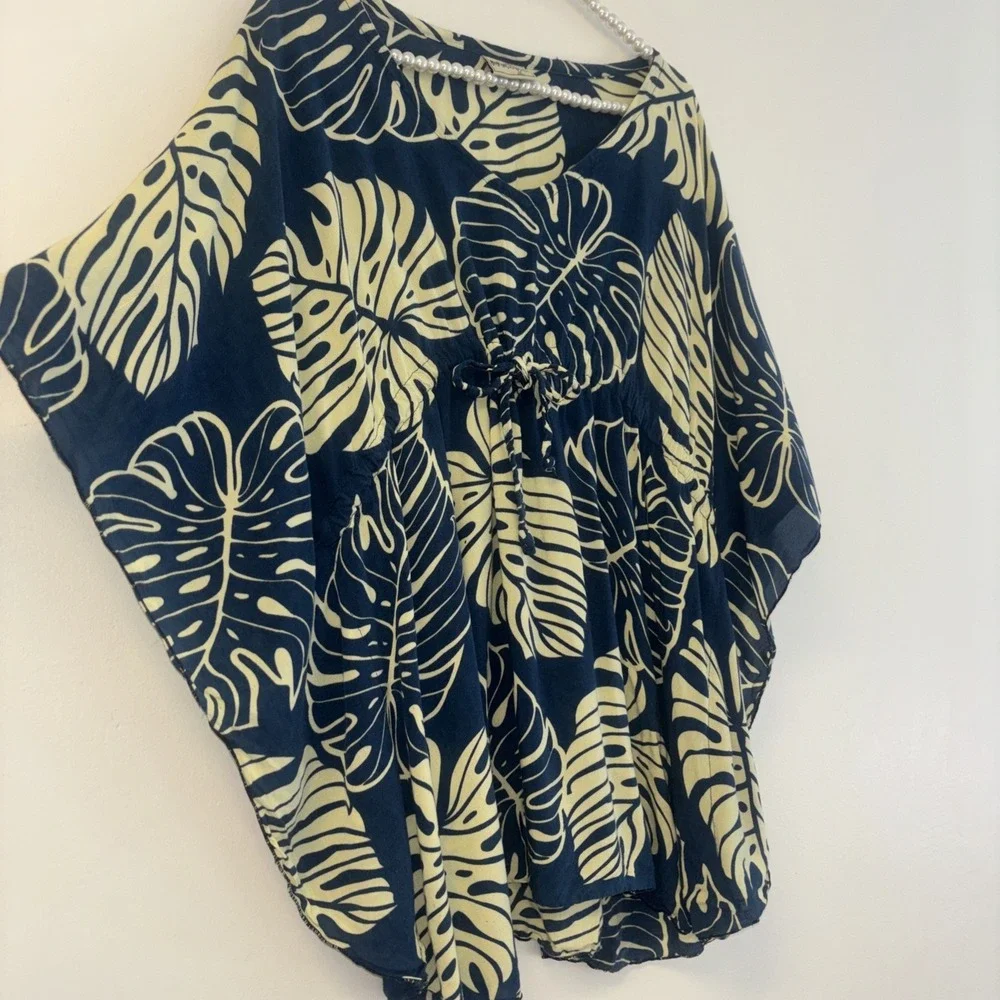 NaPua Collection Womens Tropical Leaf Print Hawaiian Tunic Top One Size Blue Y2k